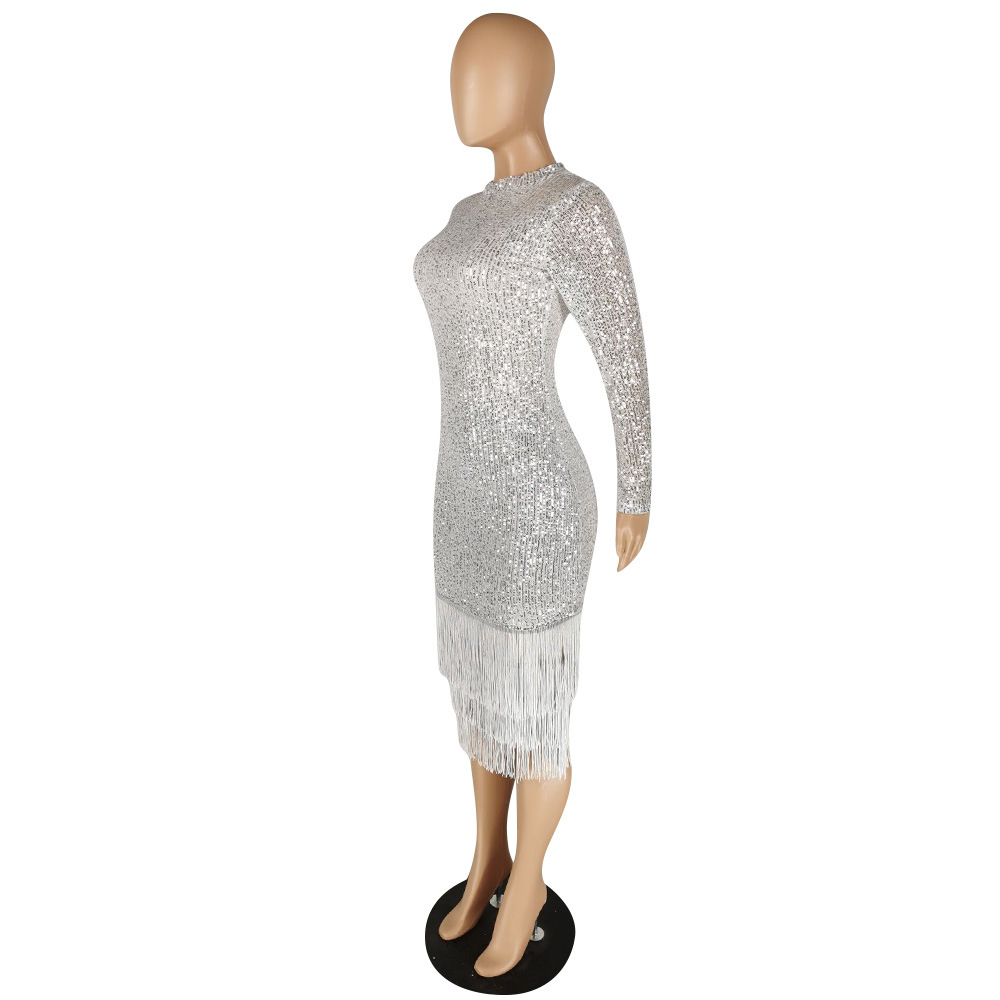 Women's Sequin Dress Party Dress Elegant Classic Style Round Neck Sequins Long Sleeve Solid Color Midi Dress Banquet Evening Party display picture 25