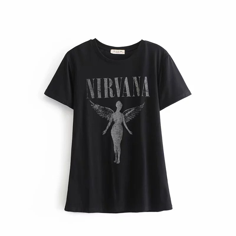 2021 Summer New European and American Style Fashion Letter Genie Angel Print Round Neck Cotton Casual Short-sleeved T-shirt for Women 2021 Summer New European and American Style Fashion Letter Genie Angel Print Round Neck Cotton Casual Short-sleeved T-shirt for Women