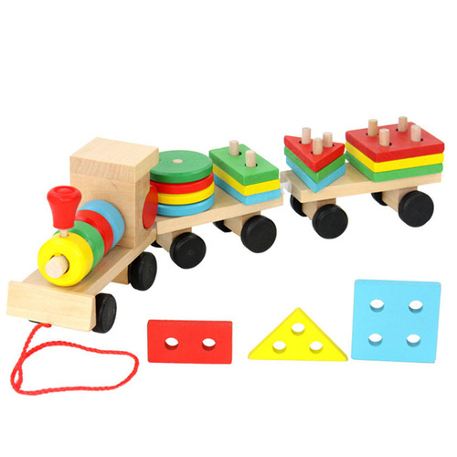 Factory direct sales wooden pull three-section small train disassembly and assembly geometric set column shape matching educational early education toys