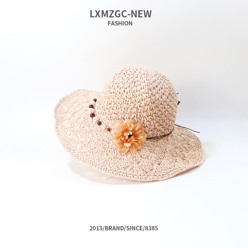 Korean Style Handmade Children's Sunshade Flower Pearl Big Brim Straw Hat display picture 4