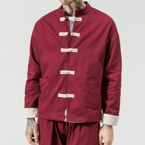 National retro large coil button men jacket linen Tang
