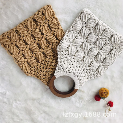 Manufacturer wholesale copper coin buckle woven cotton thread bag round rattan handle straw bag rhombus hollow handbag