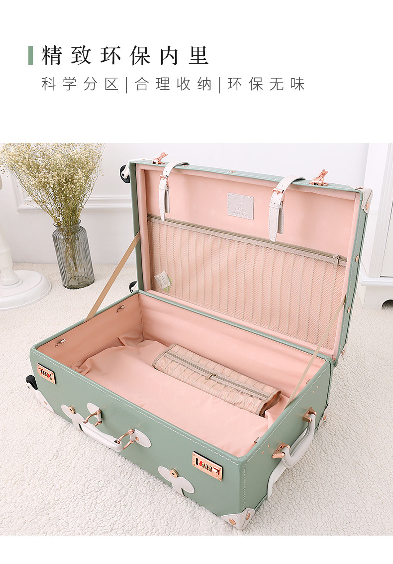 Vali kéo vintage da màu xanh lá cây 20 inch bánh xe xoay 360 độ, kèm hộp quà tặng — trà xanh matcha chi tiết 16
