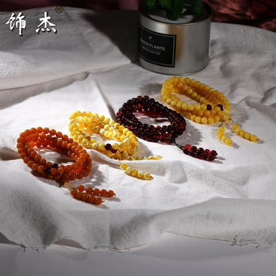 批发二代蜜蜡手链手串男女款琥珀多圈鸡油黄蜜蜡108颗血泊佛珠|ru
