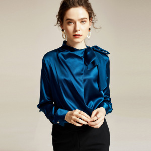 Early spring women’s elegant bow neck long sleeve slim silk shirt