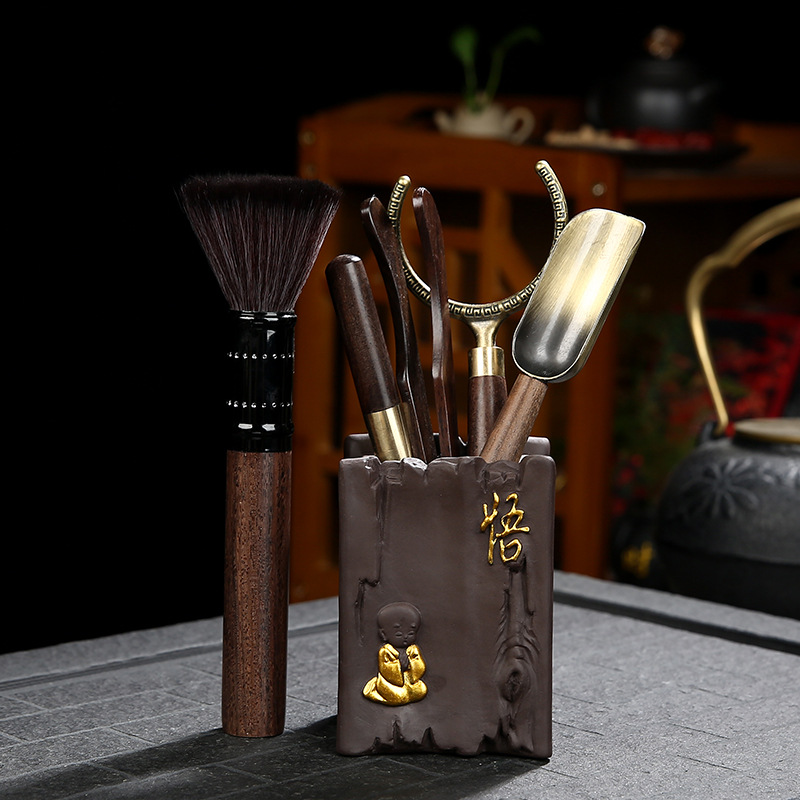 批发描金黑檀木实木茶道六君子组合套装功夫茶具茶夹茶勺茶道配件