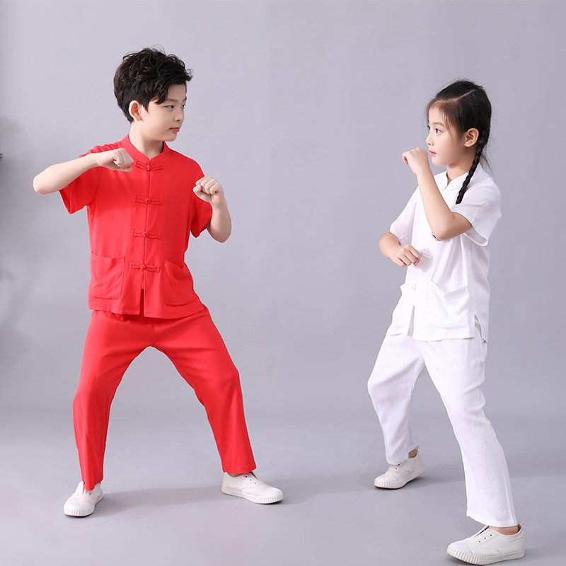 新款男女童唐装夏舒适透气麻料武术套装小中大中国风表演服