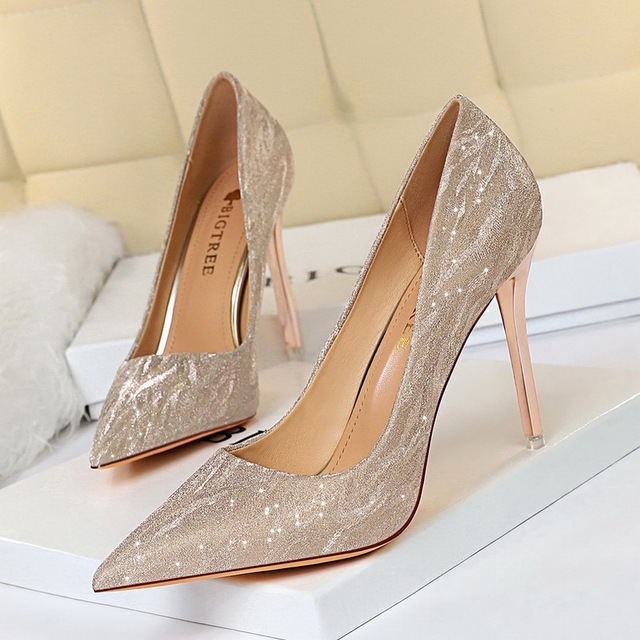 European and American high heels women’s shoes thin heels high heels shallow mouth pointed sequins sexy thin nightclub s