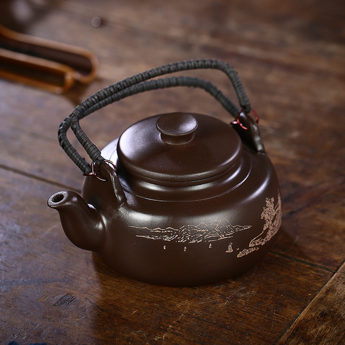 Yixing raw ore purple clay handmade purple sand pot Changle lifting beam hand-painted landscape tea portable large-capacity pot tea set