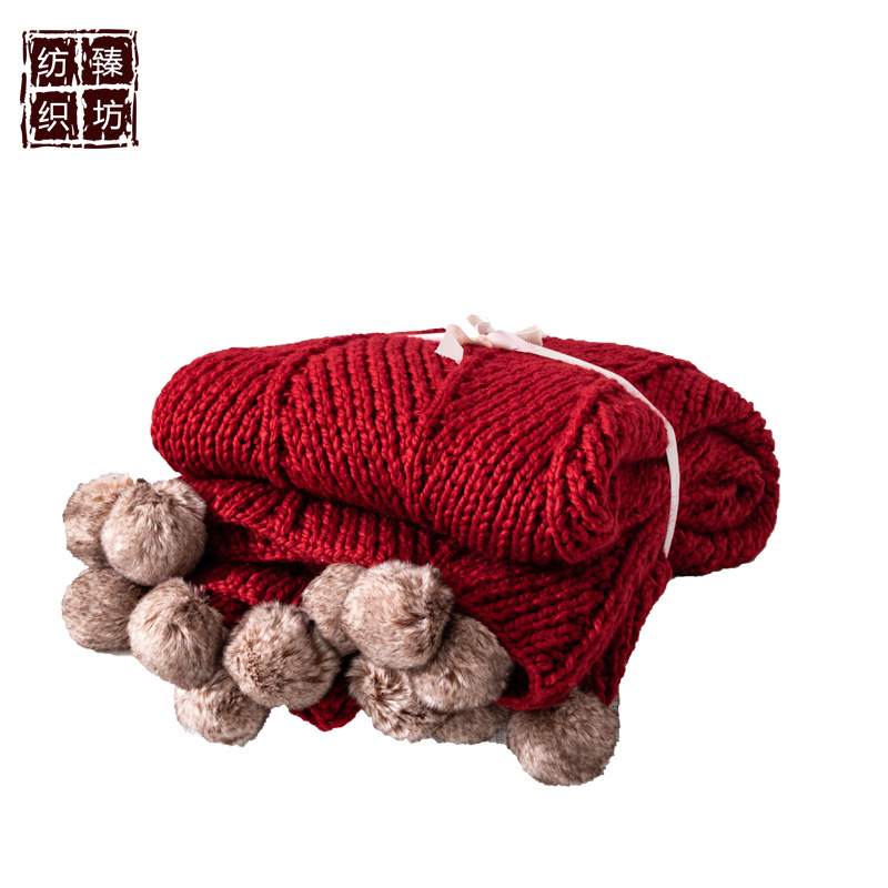 爆款网红毛球毯子 波纹冰岛针织球毯 北欧装饰毯空调毯