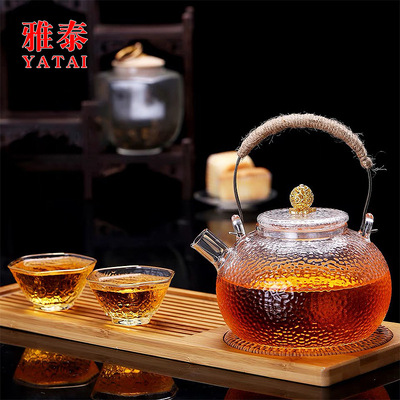 日式耐高溫玻璃壺錘紋煮茶壺電陶爐專用燒水壺銅把玻璃提梁壺茶壺