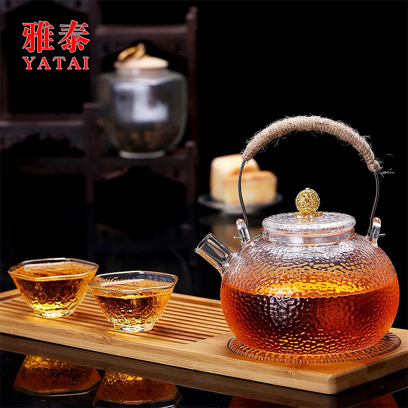 日式耐高溫玻璃壺錘紋煮茶壺電陶爐專用燒水壺銅把玻璃提梁壺茶壺