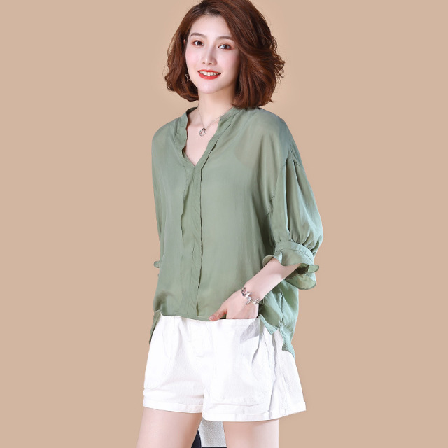 Copper ammonia shirt women’s Three Quarter Sleeve solid color top women’s summer 2019 new fashionable V-neck shirt