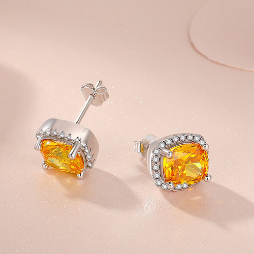 ED043 White Copper Gold Plated Silver Earrings Women's Earrings Square Diamond Color Yellow Pink Simulated Diamond Earrings