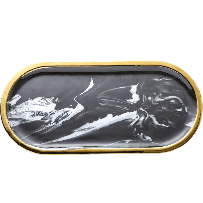 Nórdico simple luz de lujo bandeja de cerámica tinta mármol joyería bandeja almacenamiento bandeja oro borde placa de cerámica