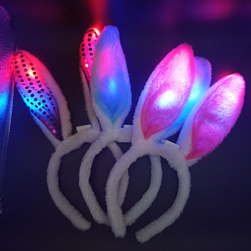 儿童表演兔女郎毛绒兔耳朵可爱节日亮片闪光发带灯头扣发箍发饰