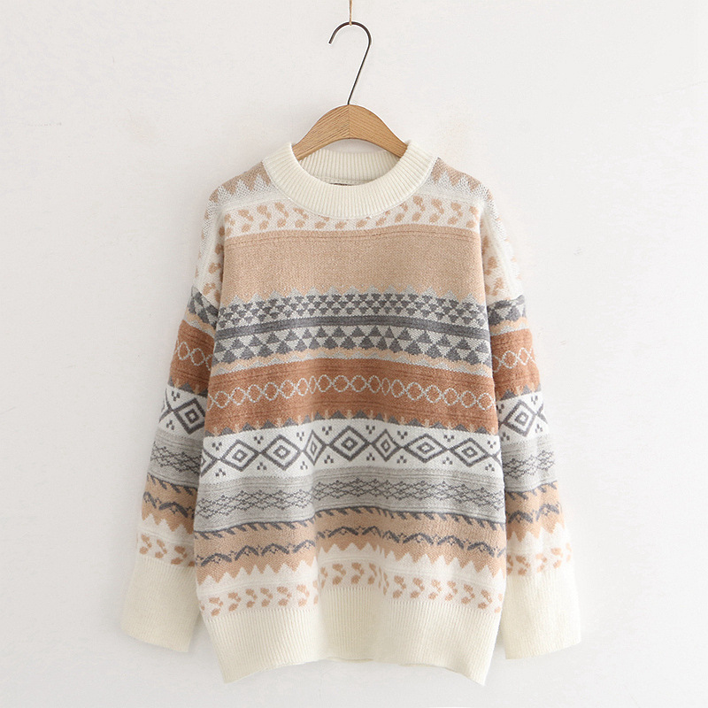 retro contrast geometric pattern loose long-sleeved sweater nihaostyles clothing wholesale NSSX89205