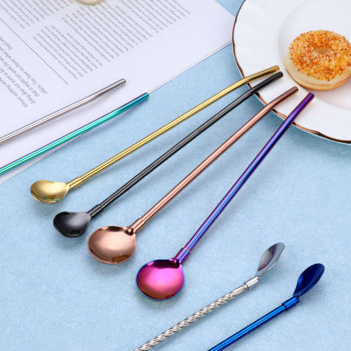 Cross-border 304 stainless steel color straw spoon set mate tea filter straw spoon drink with straw watermelon spoon