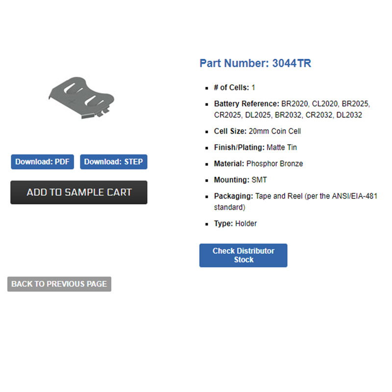 KEYSTONE ELECTRONICS 3044TR 编带 BR2016 CR2016 纽扣电池弹片