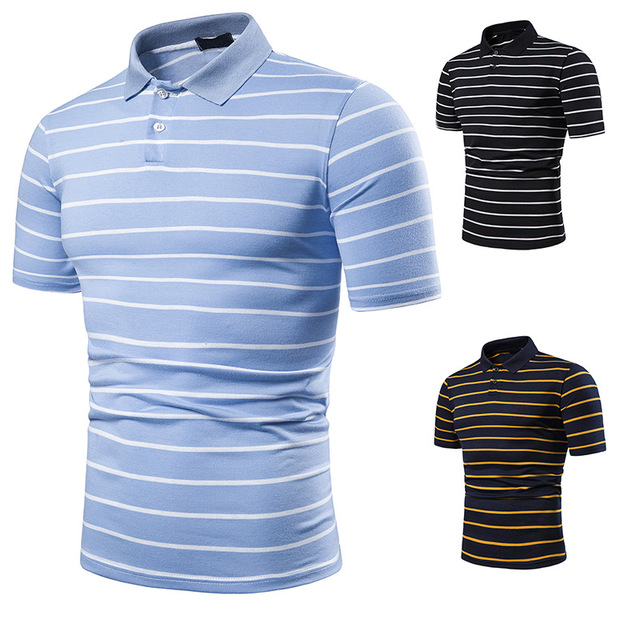 Fashion Matching Short Sleeve T-shirt Stripes Men’s Flip Collar 