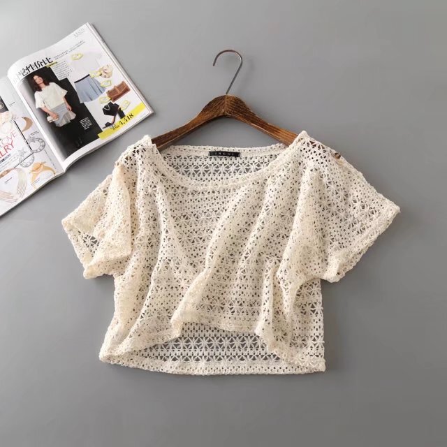 Japanese Style Sweet Hollow Crochet Short Lace Shirt Large Size Loose Short Sleeve Blouse with Shoulder Button Sun Protection Top