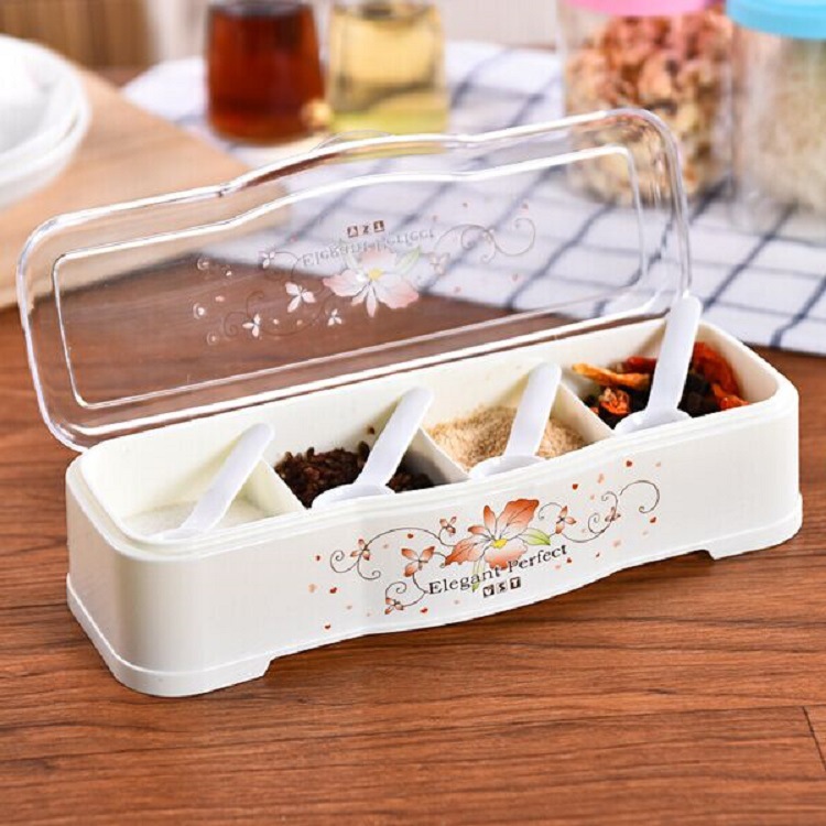 D厨房调料盒 带勺透明调料罐塑料调味盒翻盖四格味精盒调味罐批发