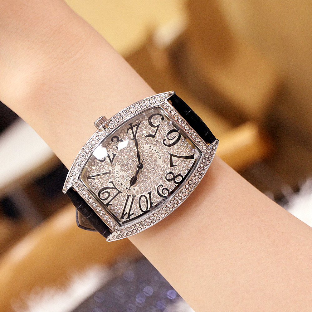 Internet celebrity new large authentic men's watch fashion full diamond digital quartz waterproof barrel type genuine leather watch_voghion.com