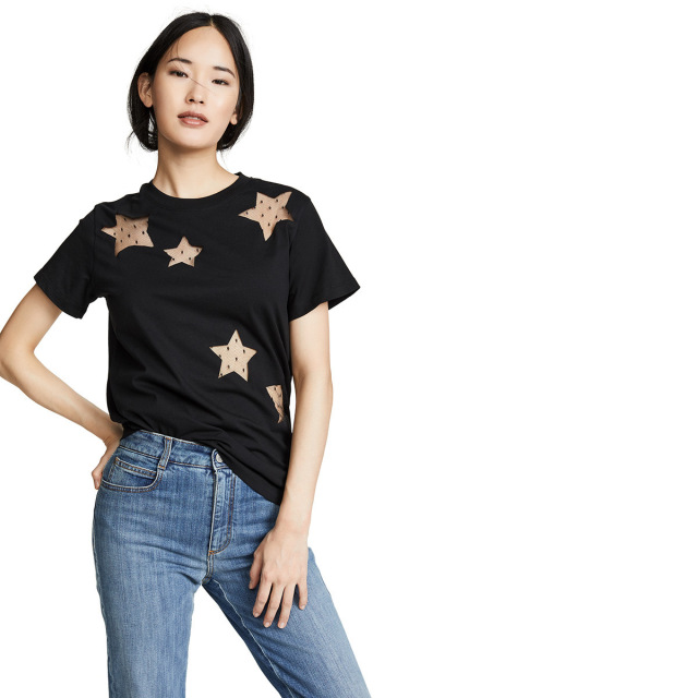 sexy hollow out asymmetric mesh star round collar short sleeve