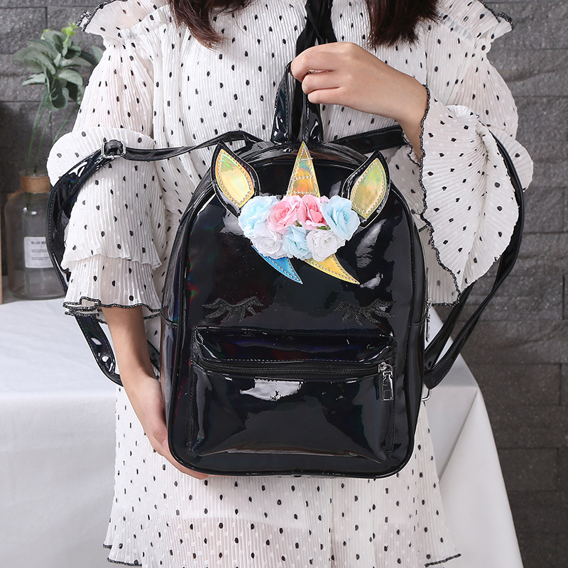 Unicorn large-capacity Unicorn laser bright pink schoolbag, cartoon women's backpack, travel bag, pu backpack detail image 9