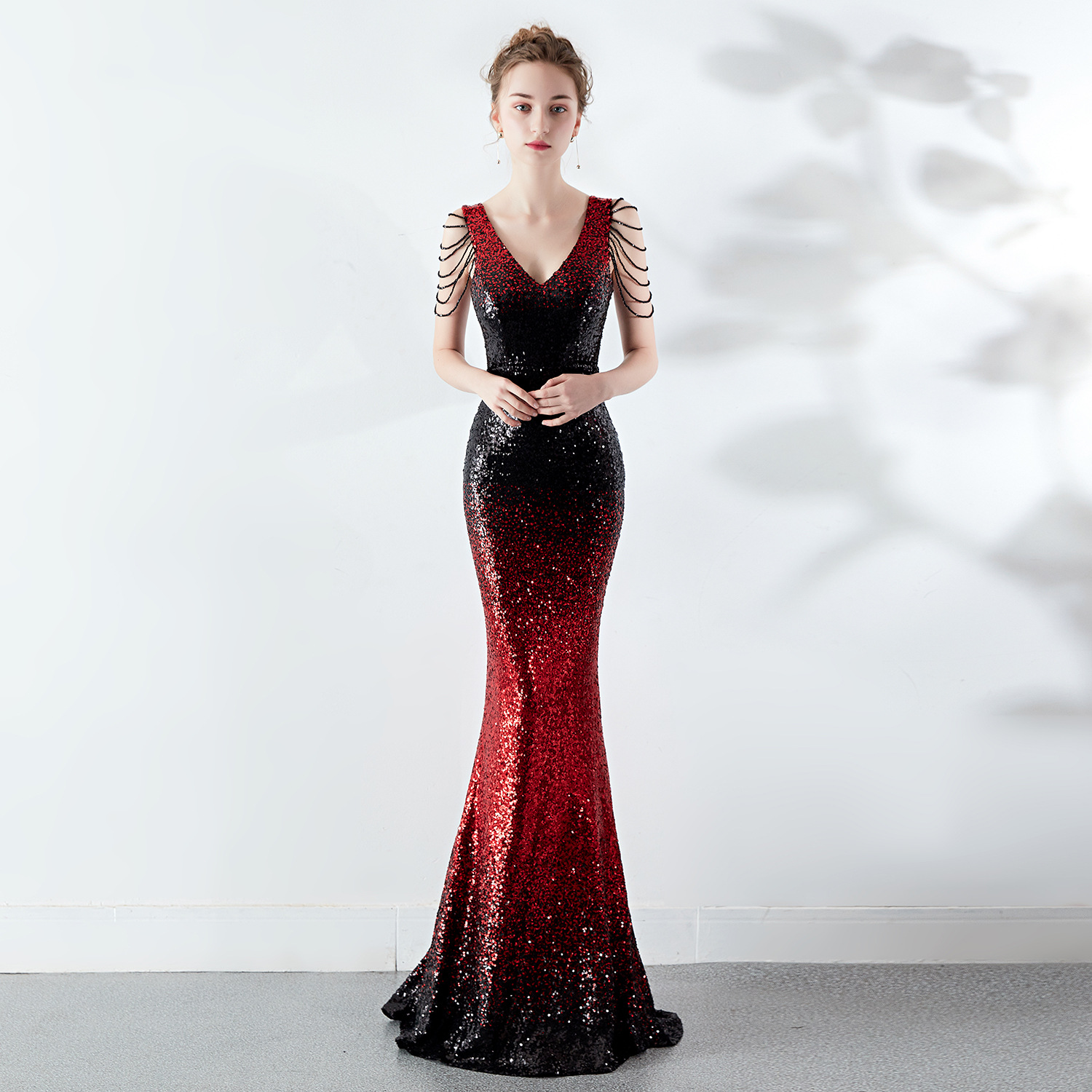 16180#6 Kinds Of Gradient Color Crystal Diamond Chain Sexy Slim Evening Dress Annual Meeting Host Party Club Evening Dress