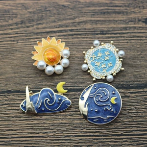 Van Gogh Oil Painting Apricot Blossom Star Moon Sunflower Alloy Brooch Enamel Glaze Inlaid with Diamonds and Pearls Vintage Brooch Women's Starry Sky