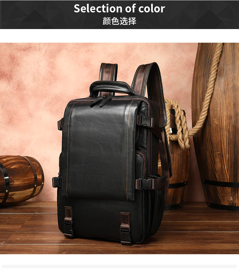 Ba lô da nam da bò thật dung tích lớn 15 inch đựng laptop, ba lô du lịch leo núi ngoài trời chống mài mòn thoáng khí — Cà phê, Màu đen chi tiết 18