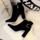 803-1 European and American fashion sexy thin and nude boots thick heel high suede pointed metal belt buckle women's short boots