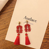 Festive red retro ethnic earrings with tassels, Chinese style, for luck, ethnic style