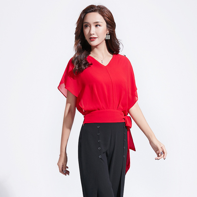 Summer New Pullover Short Sleeve V-necktie Slim Top Chiffon shirt