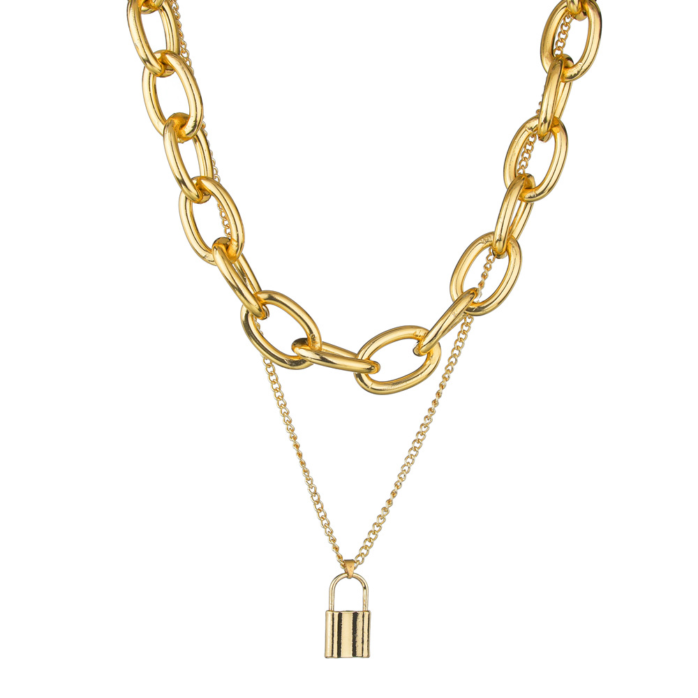 Plating Design Fashion Style Gold Color New Fashion Alloy Thick Double Chain Lock Pendant Necklace Female