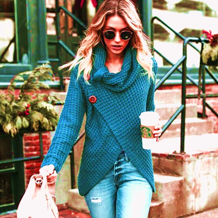 Suéter de Punto Otoño/Invierno 2026, Cárdigan de Cuello Alto con Botones Decorativos, Color Sólido, Estilo Irregular, Ropa de Mujer, Amazon AliExpress image 12