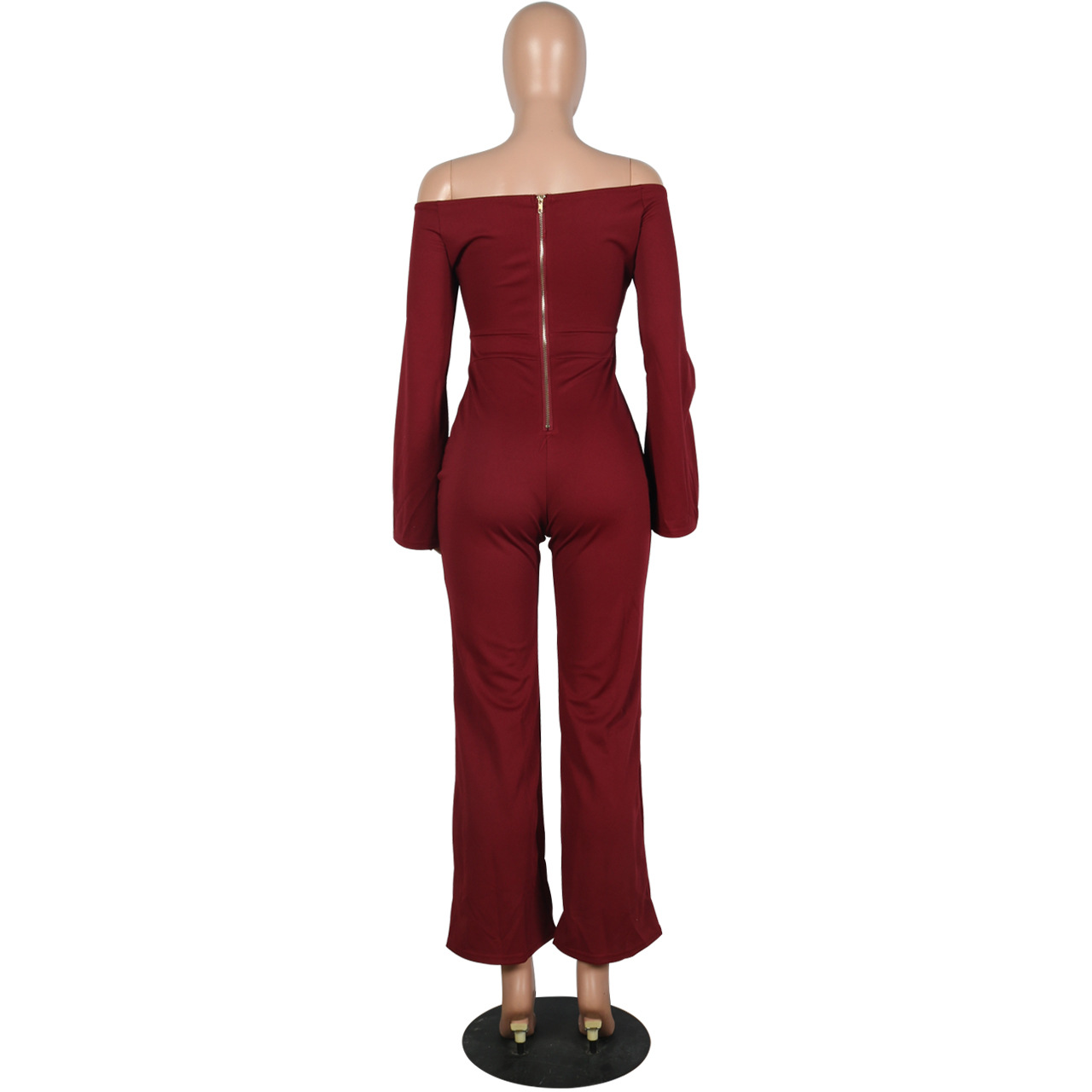 Boutique Casual Solid Color Long Sleeves Cropped off Shoulder Jumpsuit