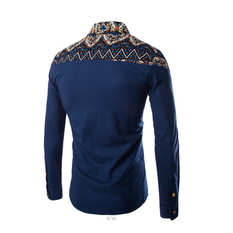 New national style color matching men's slim long sleeve shirt in spring and autumn of 2019