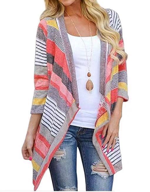 2019  ebay外貿速賣通歐美秋裝富士絨條紋印花拼接七分袖開衫外套