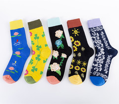 秋冬新款男女情侶潮襪子男長筒棉襪花開富貴系列休閒提花襪子批發