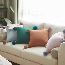 北欧轻奢纯色棉麻四角球球抱枕 美式样板间卧室床头可爱腰枕靠垫