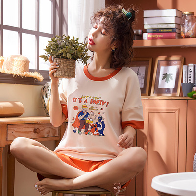 夏季新款居家全棉简约自然短袖睡衣可爱套头套装薄款女士家居服|ms