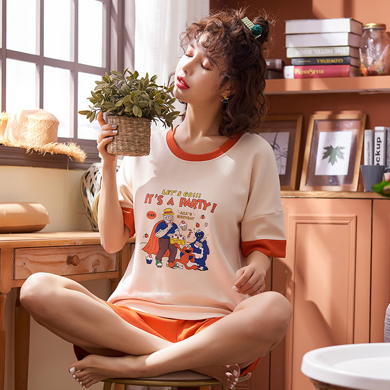 夏季新款居家全棉简约自然短袖睡衣可爱套头套装薄款女士家居服|ms