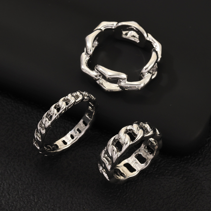 New Retro Punk Style Ring Silver Thick Chain Ring 3 Piece Set display picture 2