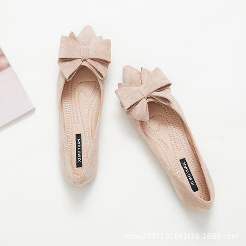  New Korean Style Pointed Toe Shoes Women's Bow Tie Large Size Women's Shoes Simple Solid Color Low Heel Suede Shoes