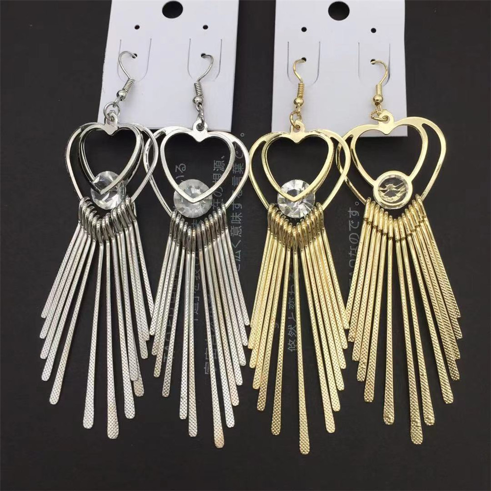 优质爱心仿锆石流苏女士耳环细纹金属条耳坠流行夸张耳饰义乌外贸