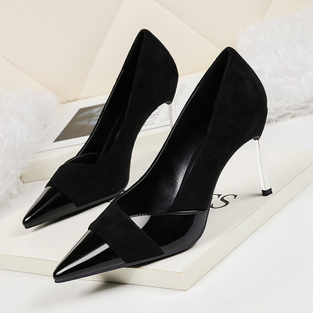 Fashion pointed shallow high-heeled stitching slim-heeled shoes