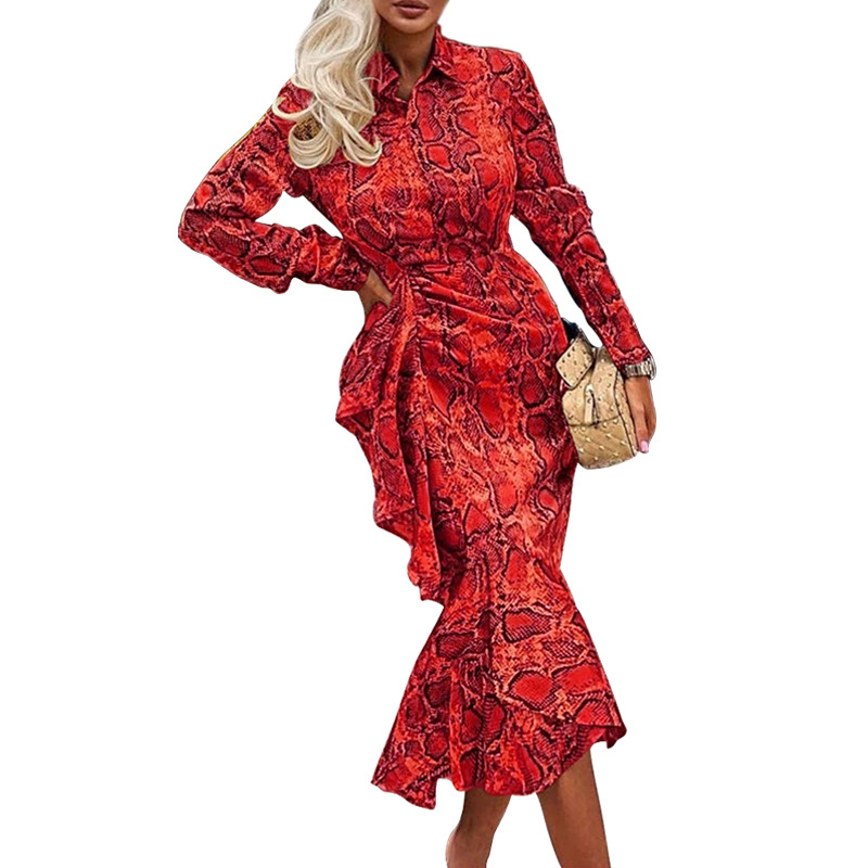 snake print long-sleeved lace-up mid-length dress  NSJZC123753