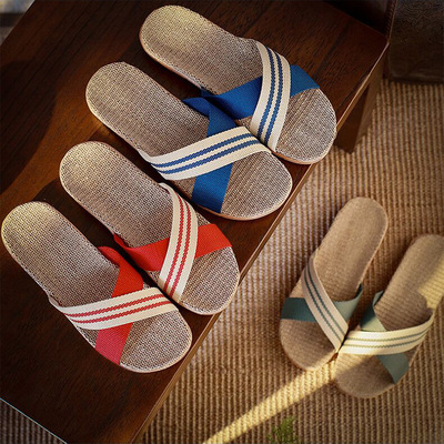 Flax slipper Home Furnishing slipper indoor slipper Wood floor one word Mute non-slip The thickness of the bottom summer sandals  men and women